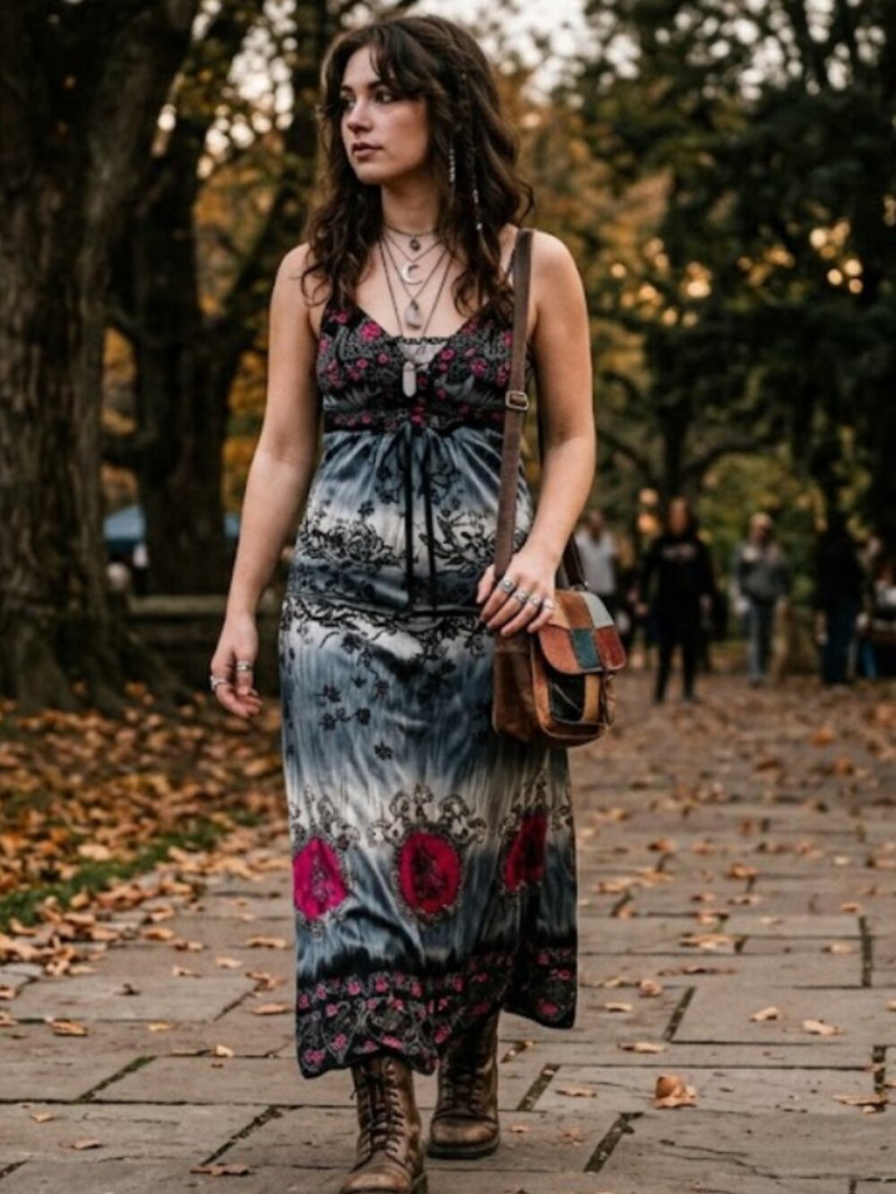 Strappy Maxi Dress Sz L Smocking Gray Black Pink Floral Whimsygoth Dark Fairy